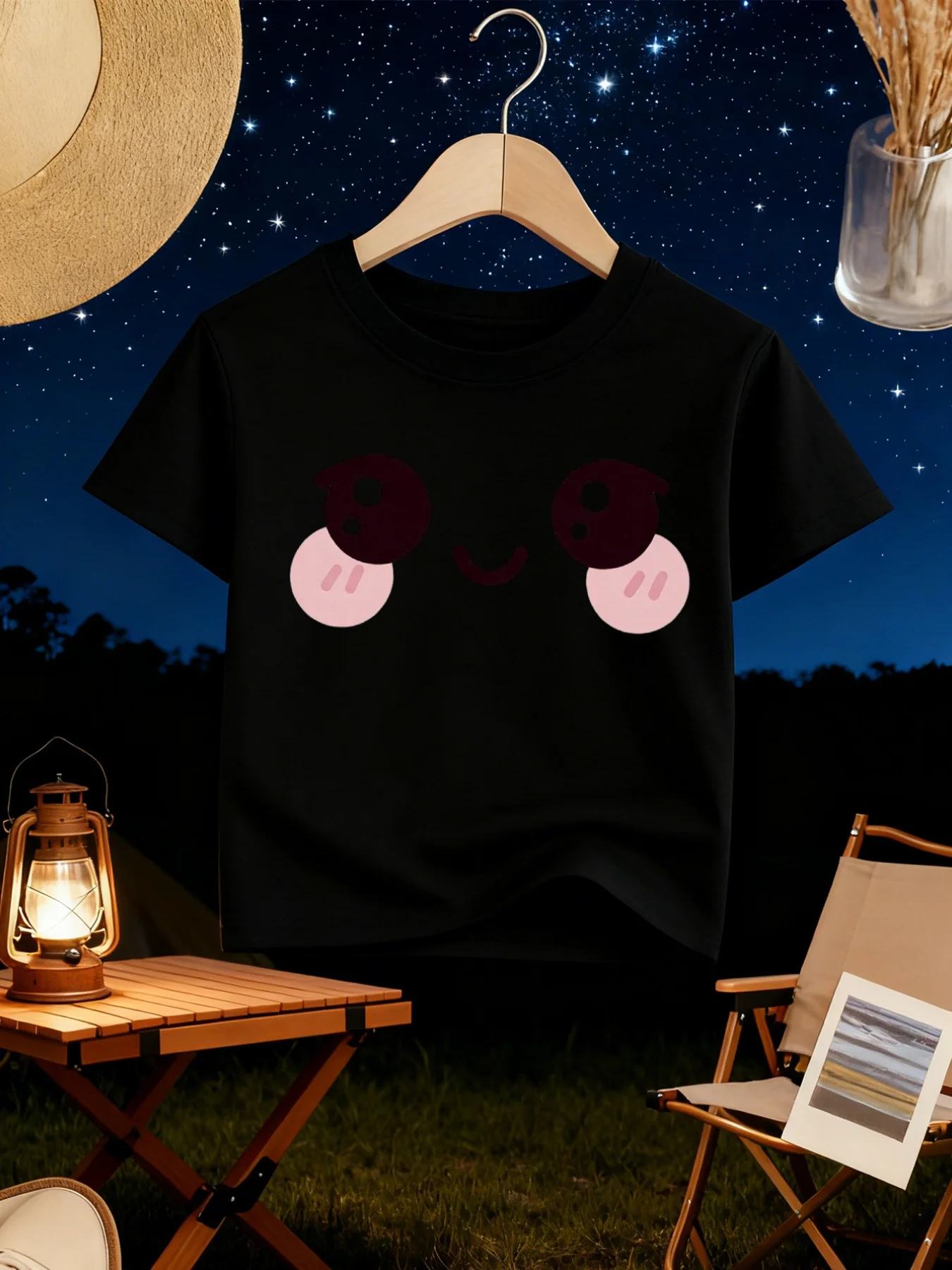 Parent Child Matching Tee Cute Blush Smiley Face Cartoon Graphic Short Sleeve Cotton T Shirt Girls Boys Kids Sweet Daily Wear