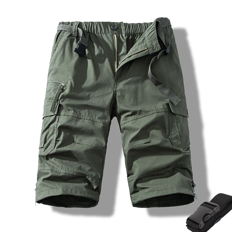 Man Shorts Casual Pants Light Weight Cotton Long Shorts Below Knee 3/4 Pants Elastic Waist with Belt Cargo Shorts