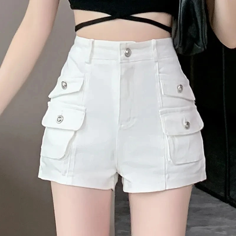 Spicy girl Coffee colored Elastic Cargo Pocket Denim Shorts 2026 Summer New Solid  High waist Slimming Wide Hot pants Women's
