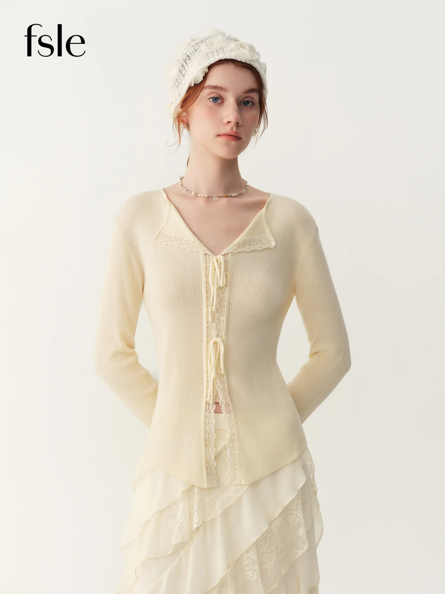 FSLE Women’s V‑Neck Lapel Knit Base Top Tie Strap Lace Splicing 2026 Autumn Winter New Elegant Fitted Layering Ladies Knitwear