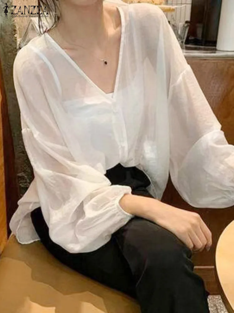 ZANZEA 2024 Summer Harajuku Korean Sheer Blusas Women See Through Blouse Lantern Long Sleeve Shirt Solid V Neck Casual Loose Top