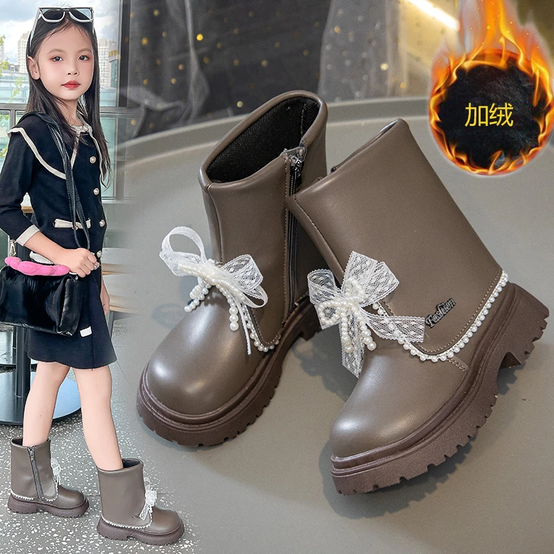 

2025 New Winter Girl's Snow Boots Round Toe Zipper Bowknot Chunky Chic Kid's Flat Shoes Leather Plush Warm Children Shoes