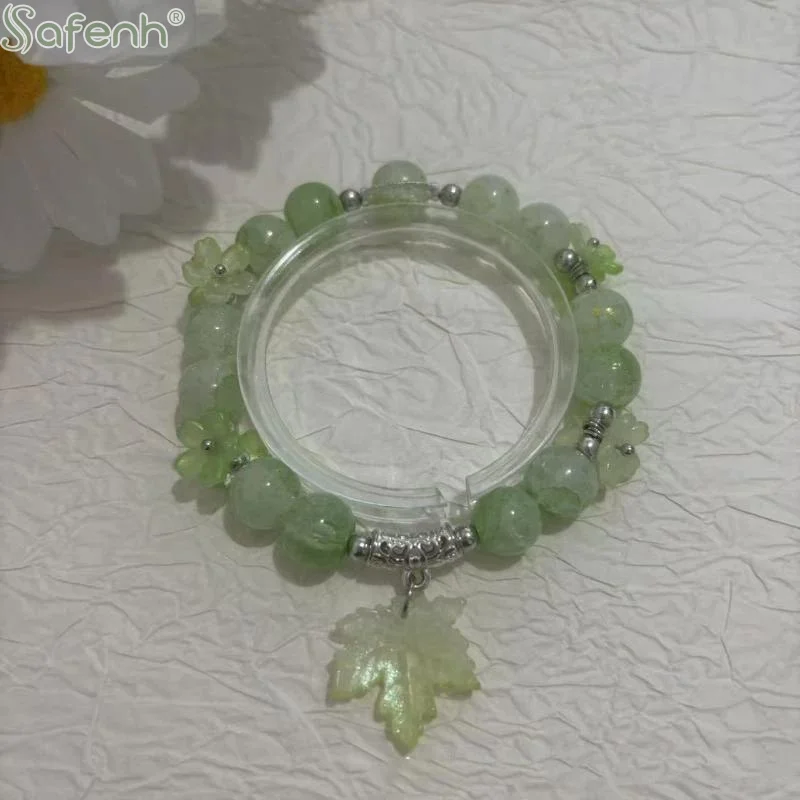 Crystal Beaded Bracelet With Leaf Charm Good Luck Blessing For Daily Wear Graduation Gift