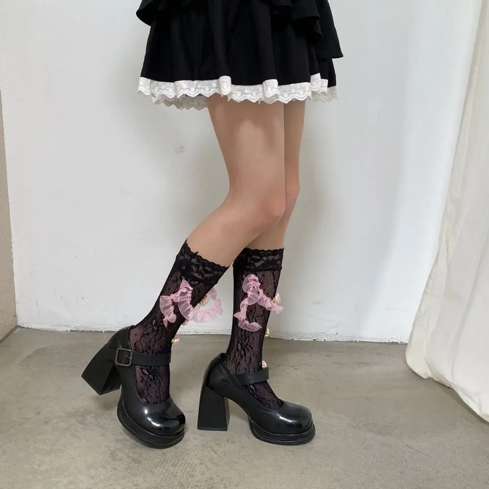 Lolita Mesh Socks Casual Soft Jk Sweet Socks Mid-calf Solid Color Lace Socks Party Middle Tube Socks