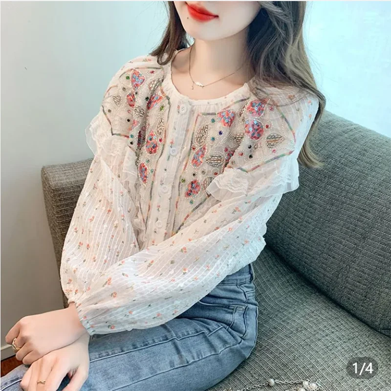

Retro Beaded Colorful Sequin Flower Women's Shirt Spring Autumn New Embroidered Mini Shirt Top Heavy Work Small Fashion