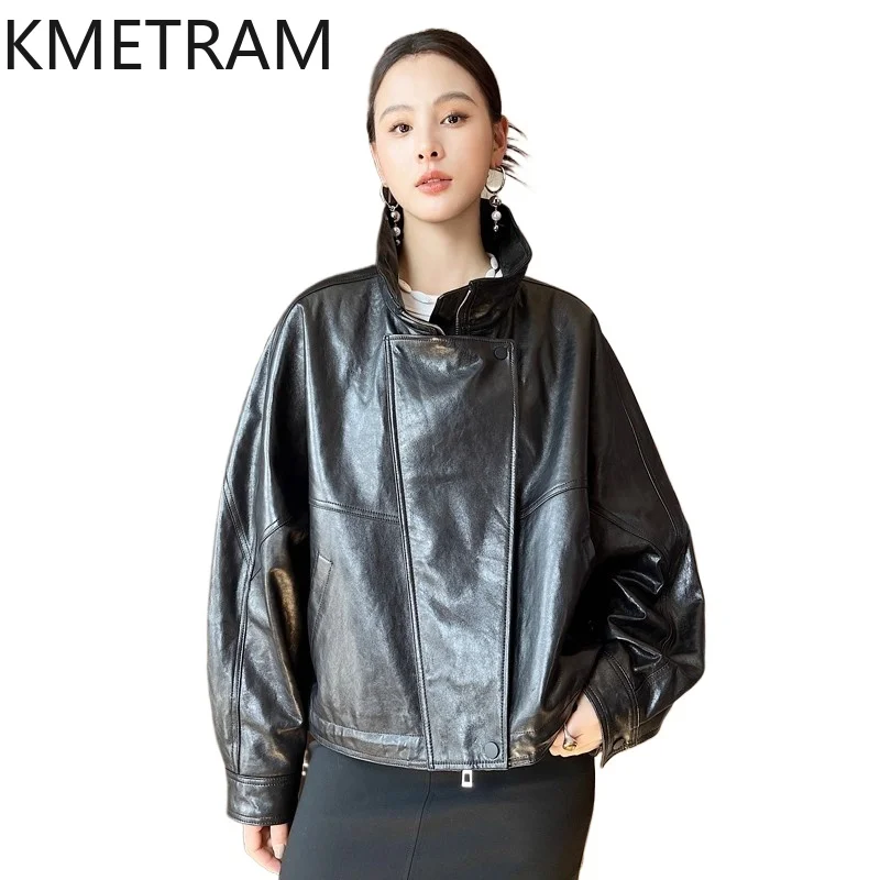 KMETRAM Real Oil-Waxed Sheepskin Leather Jacket Woman Stand Collar Oversized Coat Fashion Motorcycle Jackets Women Clothing 2026