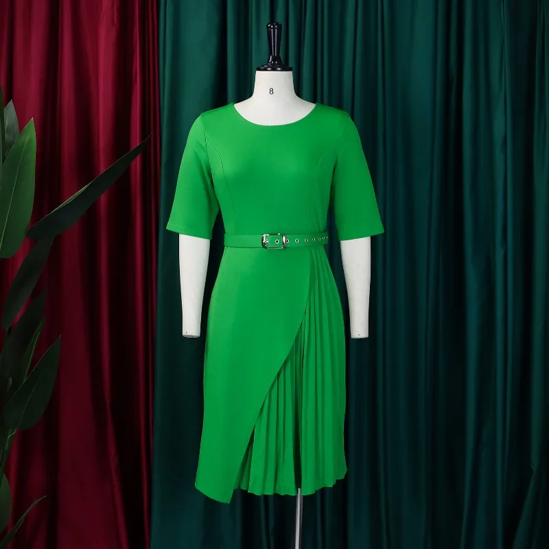 2025 New Women Elegant African Short Sleeve Fold Party Evening Black Midi Dress with Belt Office Lady Work Ankara Party Vestidos