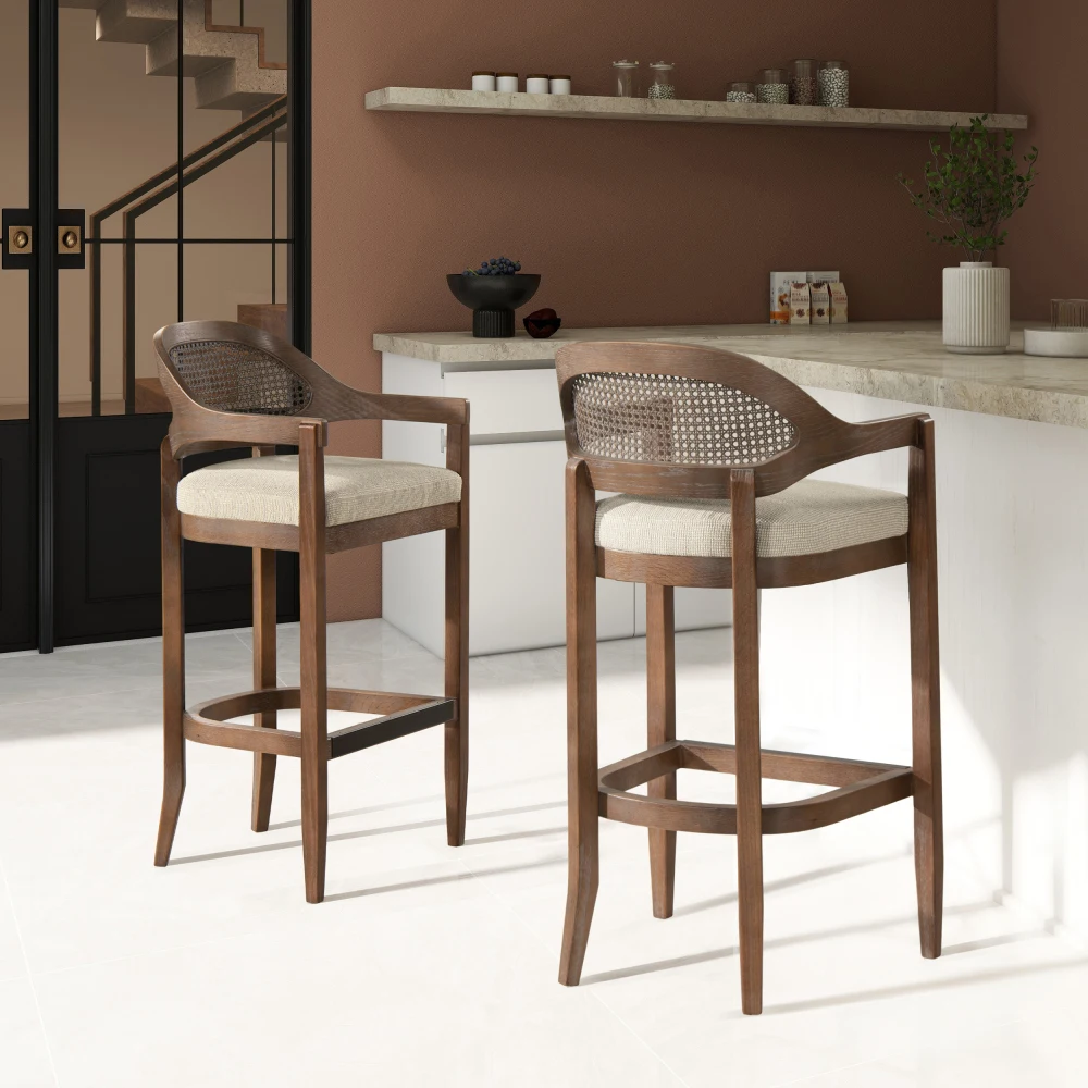 

Americana Mid-Century Modern 30.5" Cane Back Bar Stool, Taupe Beige
