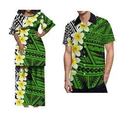 Crewneck Casual Puletasi Women's Long Dress Polynesian Ethnic Print Custom Pattern Summer Short Sleeve Men's Shirt Couple Set