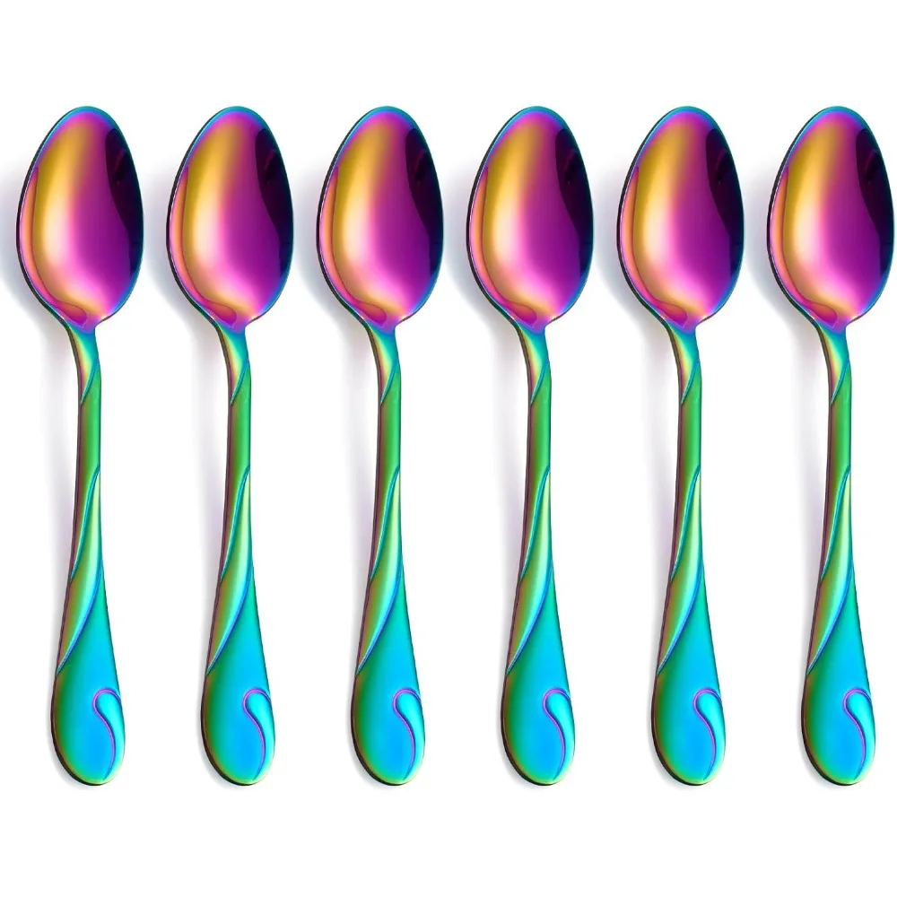 

Набор радужных обеденных ложек, 7,6-дюймовая ложка из нержавеющей стали, столовое серебро, 6-компонентные блестящие радужные ложки для супа, настольная ложка, посудомоечная машина S