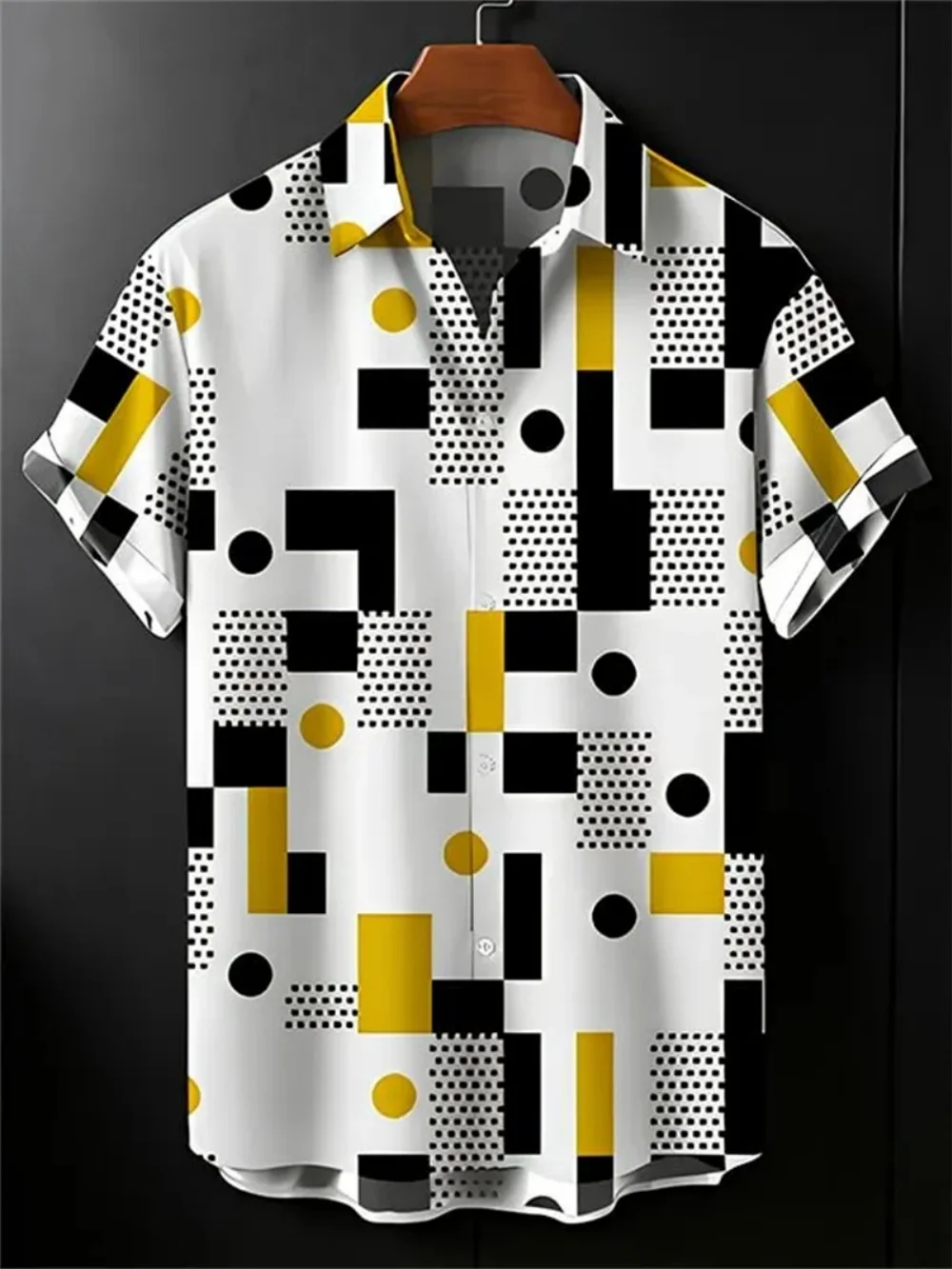 Fashion Men Breathable Casual Shirt Color Block Geometric Polka Dot Mesh Graphic Lapel Short Sleeve Beach Vacation Shirts