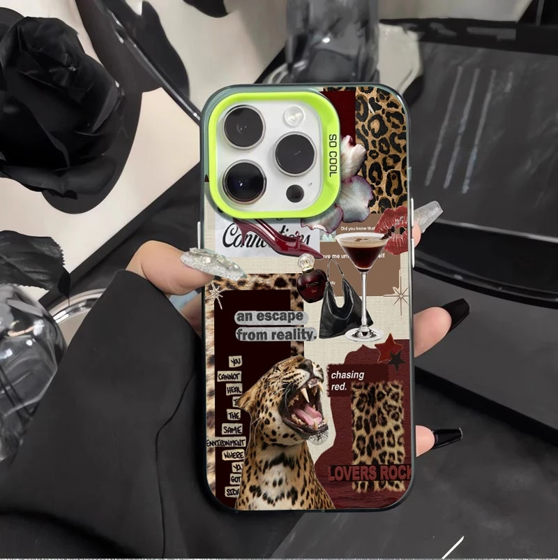 레오파드 립 프린트 레이저 IMD 폰 케이스 (아이폰 11, 12, 13, 14, 15, 16 Pro Max, 16E, XS, XR, X, 7, 8 Plus, SE) 스타일리쉬 충격 방지 하드 커버
