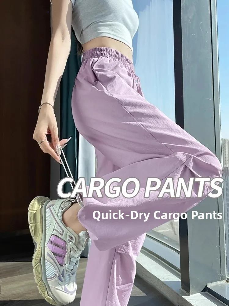 American Style Ice Silk Quick Dry Paratrooper Workwear Pants Women Summer Thin Loose Cuffed Hiking Straight Casual Sports Pants