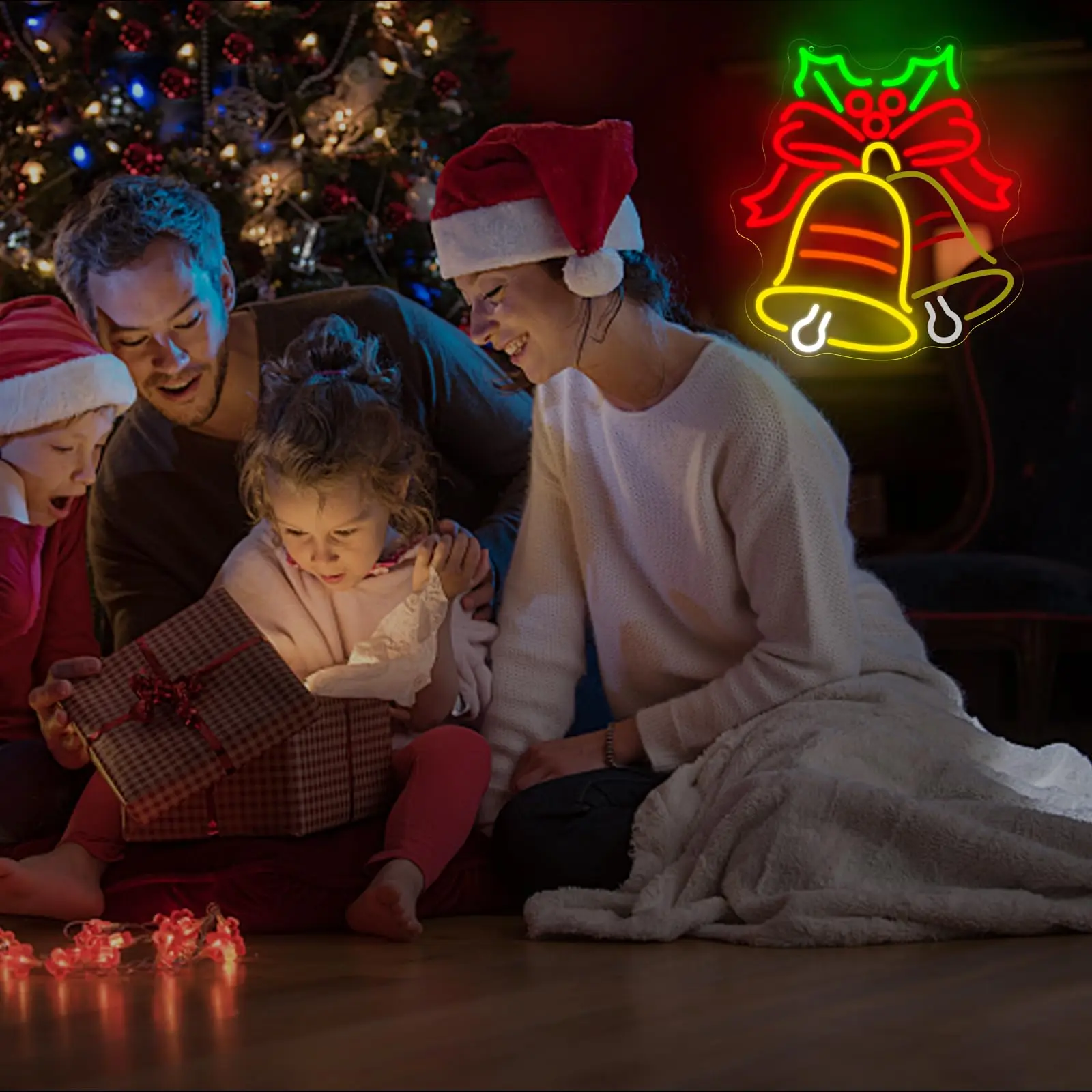 جرس عيد الميلاد النيون علامة وامض LED عطلة القوس الأحمر والأجراس جدار ديكور فني لحفلة عيد الميلاد احتفالية ديكور المنزل