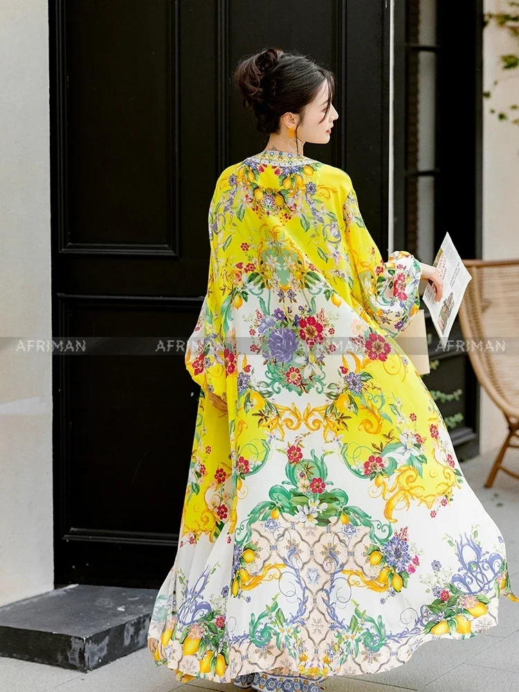 Women Vacation Gorgeous Retro Yellow Flower Printed Suspender Silk Dress + Outer Long Dress