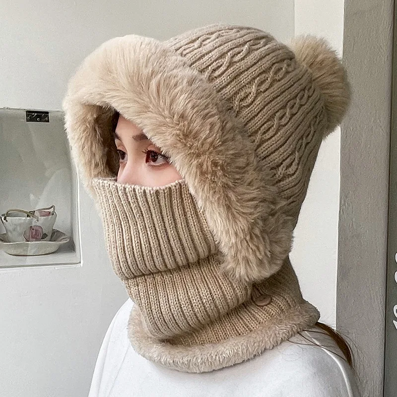 

Winter Neck Warmer Mask One-Piece Hat Fleece Lined Padded Warm Keeping Outdoor Riding Windproof Fashion Woolen Knitted Hat Women