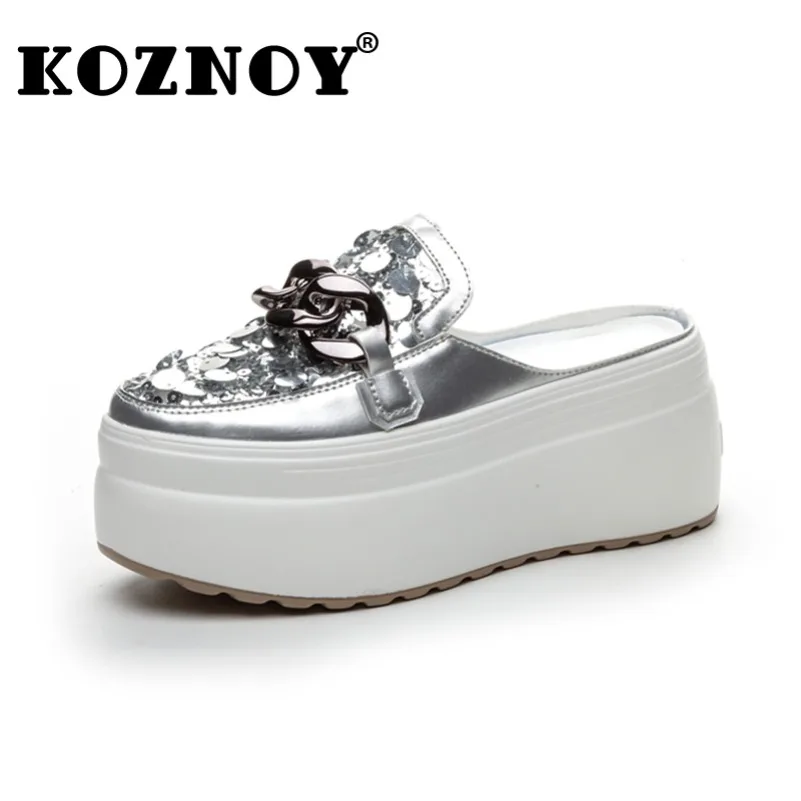 Koznoy 8cm wysokiej marki moda Casual platforma kapcie na platformie lato siatka powietrzna Patent skóra z mikrofibry błyszczące sandały buty damskie