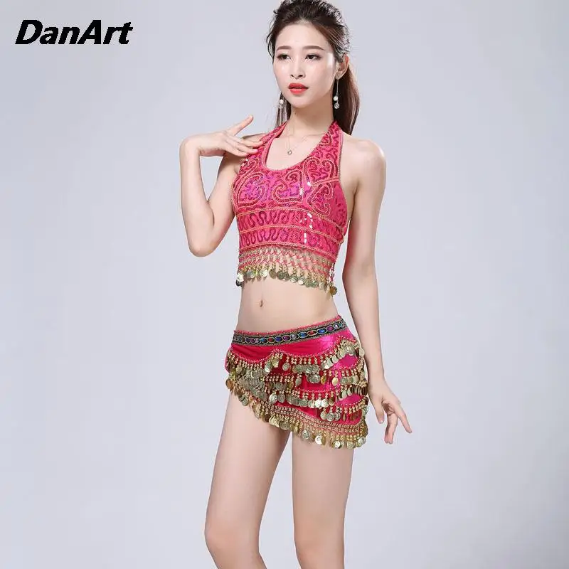 Women Belly Dance Costume Ladies Sequin Bra+Buttock scarf Split Body Set Girl's Sexy Holiday Stage Performance Costume