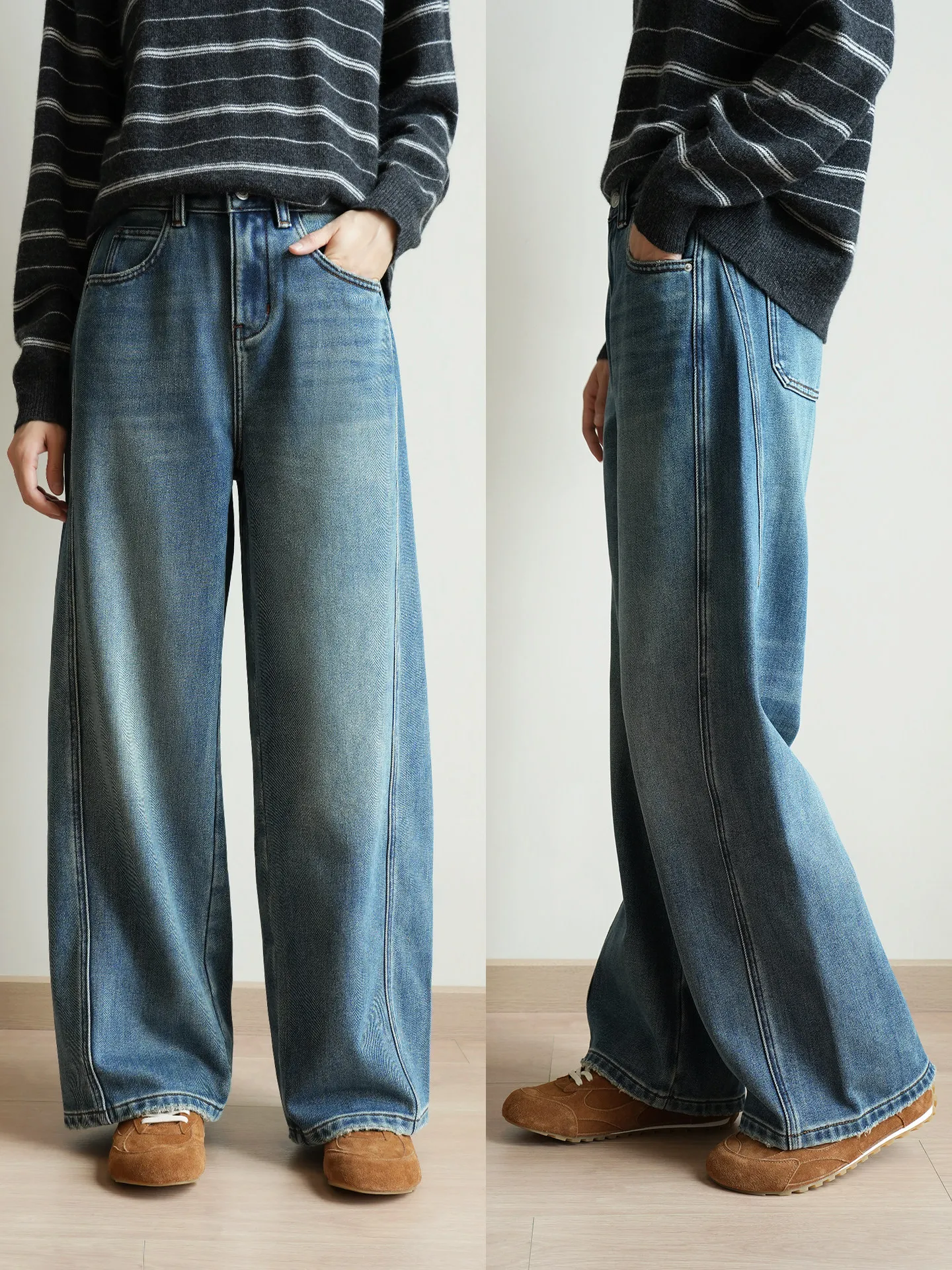 

Warm Fce Ladies High Waist Cotton Denim Knife Wide Leg Casual Jeans Comfortable Soft Material Autumn Spring Faion