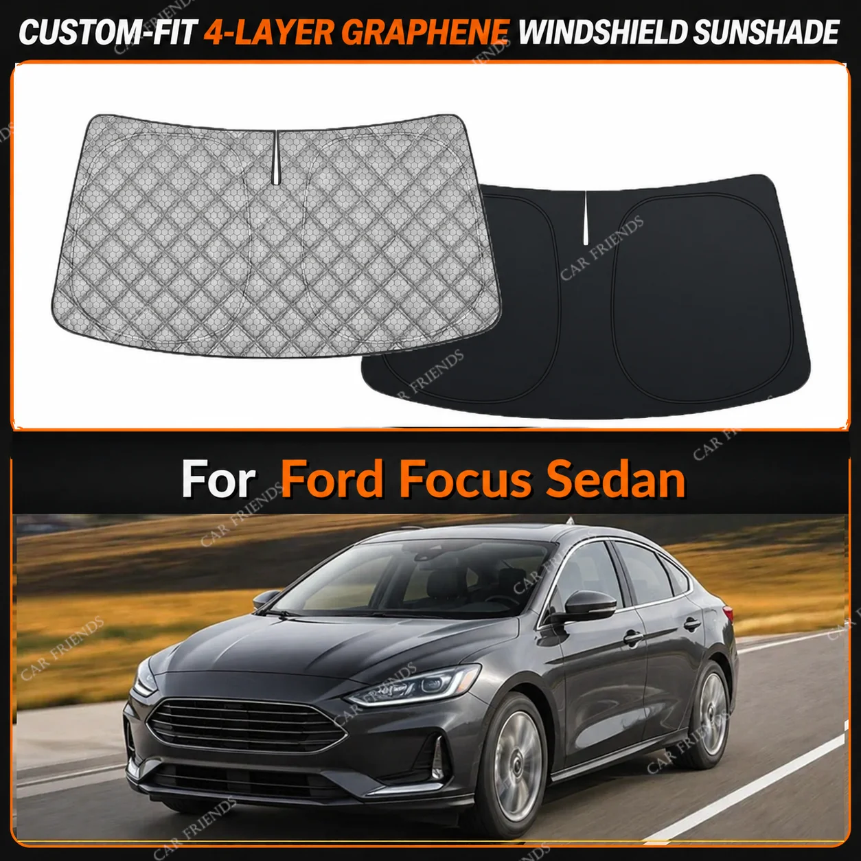 For Ford Focus Sedan Custom-Fit 4-Layer Graphene Windshield Sunshade Reflective Gray-Silver Surface Helps Reduce Direct Sunlight