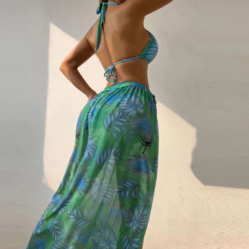 Hot Woman Leaves Print Bikinis Skirt Two Piece Set Women Split Beach Front Knot Cover Skirts Swimsuit High Waist Beachwear 2025
