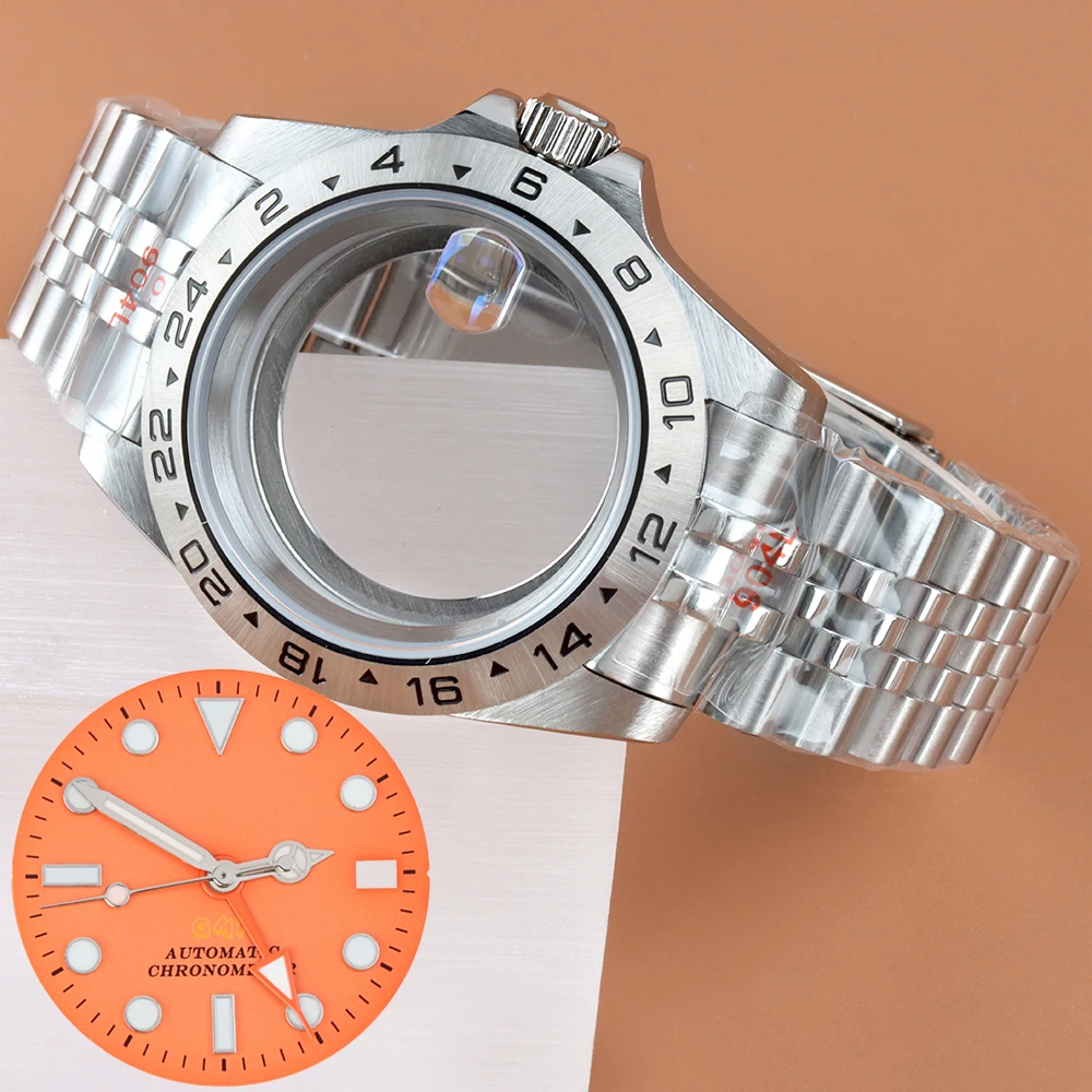 

28.5mm orange Dial Hands 40mm Sapphire Glass Watch Case For NH34 NH35 NH36 Movement Stainless Steel Waterproof Jubilee Bracelet
