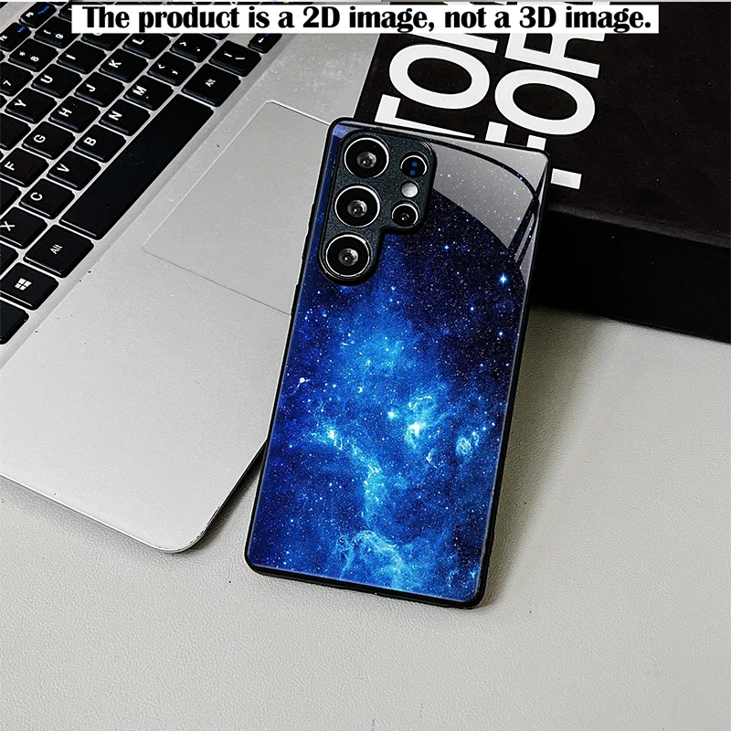 Dark Blue Star Nebula Phone Case,2D Print Black Glass Cover For Samsung S & A Series,Shockproof Protective Shell