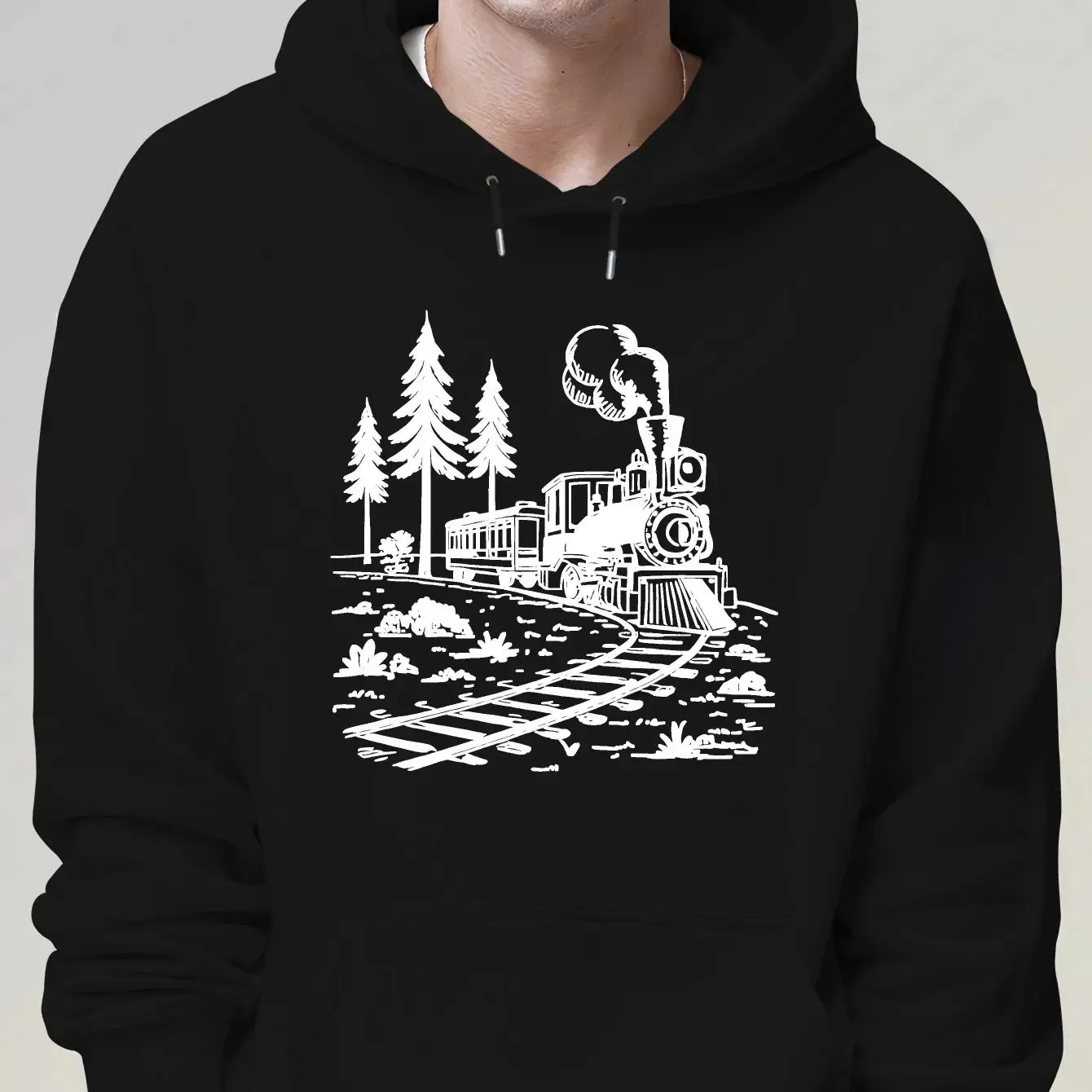 Men Women Vintage Steam Train Forest Landscape Hoodie Front Large Graphic Print Casual Loose Fit Pullover Hooded Sweatshirt
