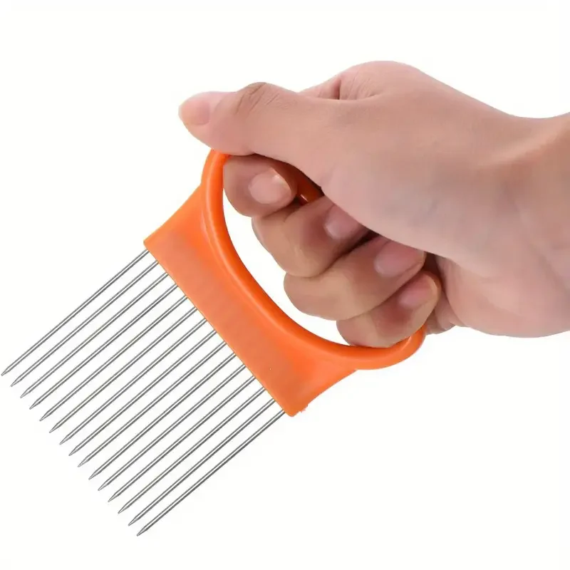 شوكة بصل سحرية 4 في 1 للمطبخ - حامل من الفولاذ المقاوم للصدأ لتقطيع بدون تمزق، يثبت أدوات المطبخ المساعدة على البطاطس والفواكه