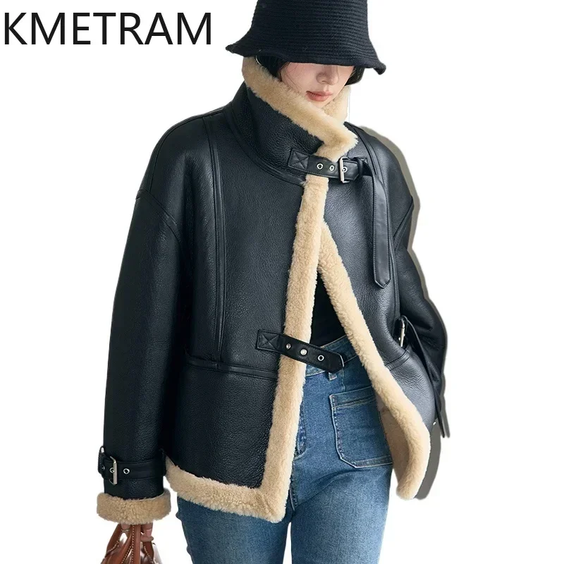 Natural Sheepskin Fur Jacket Winter Motorcycle Leather Jackets Woman Real Merino Wool Fur Coat Women Clothing 2024 шуба женская