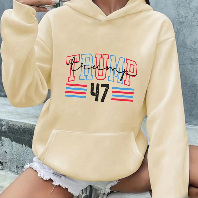 Trump 47th President Hoodie Red And Blue Alphabet Pattern Print Vintage Streetwear Sweatshirts Warmth Suitable For Winter