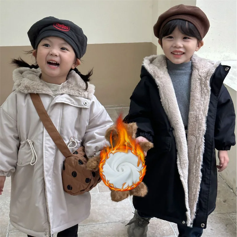 

Children's Padded Jackets Boys Girls Lambswool Thicken Parkas Kids Plus Velvet Long Coats 2024 New Hooded Winter Warm Clothing