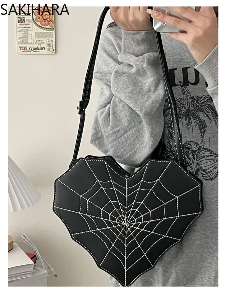 

Punk Shoulder Bags for Women Thread Black Fashion Designer Bolsas Para Mujeres Aesthetic Halloween Patchwork Spider Web Bag