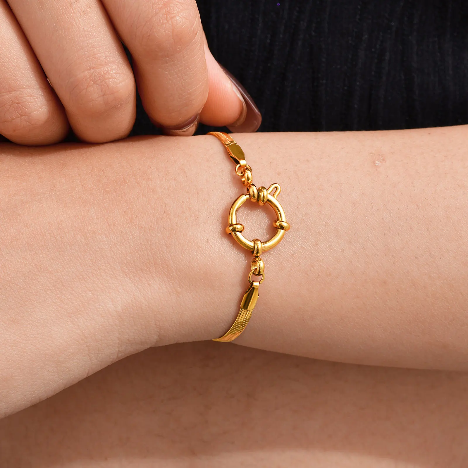 

Gold Plated Bubble Buckle Bracelet for Women,Stainless Steel Flat Snake Chain Bracelets,Chic Jewelry Gifts