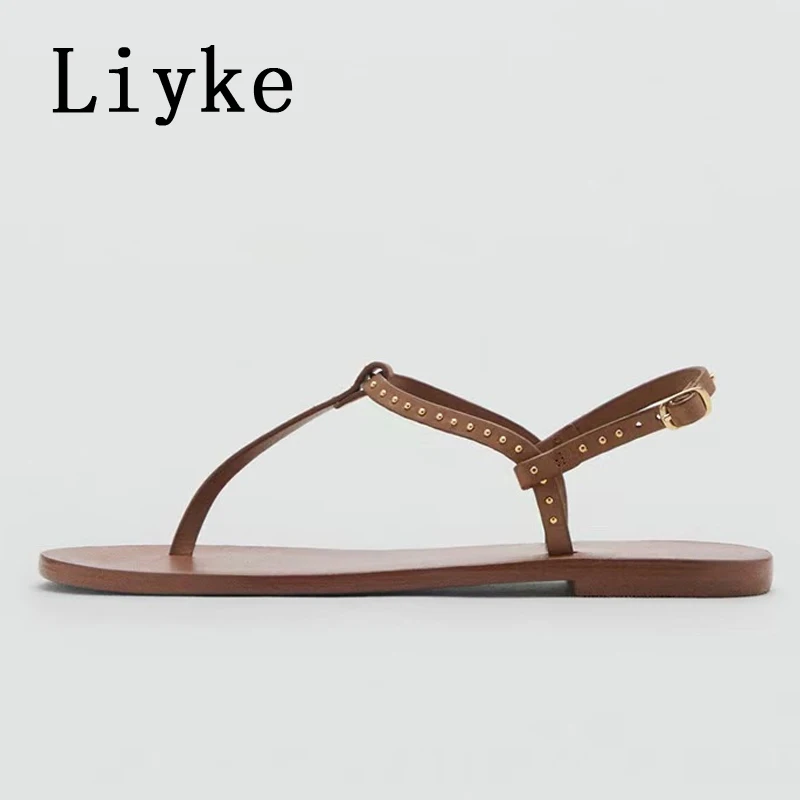 

Liyke Fashion Design Metal Rivet Ankle Strap Sandal Women Flip Flops Flat Gladiator Sandalias Summer Outdoor Vacation Beach Shoe