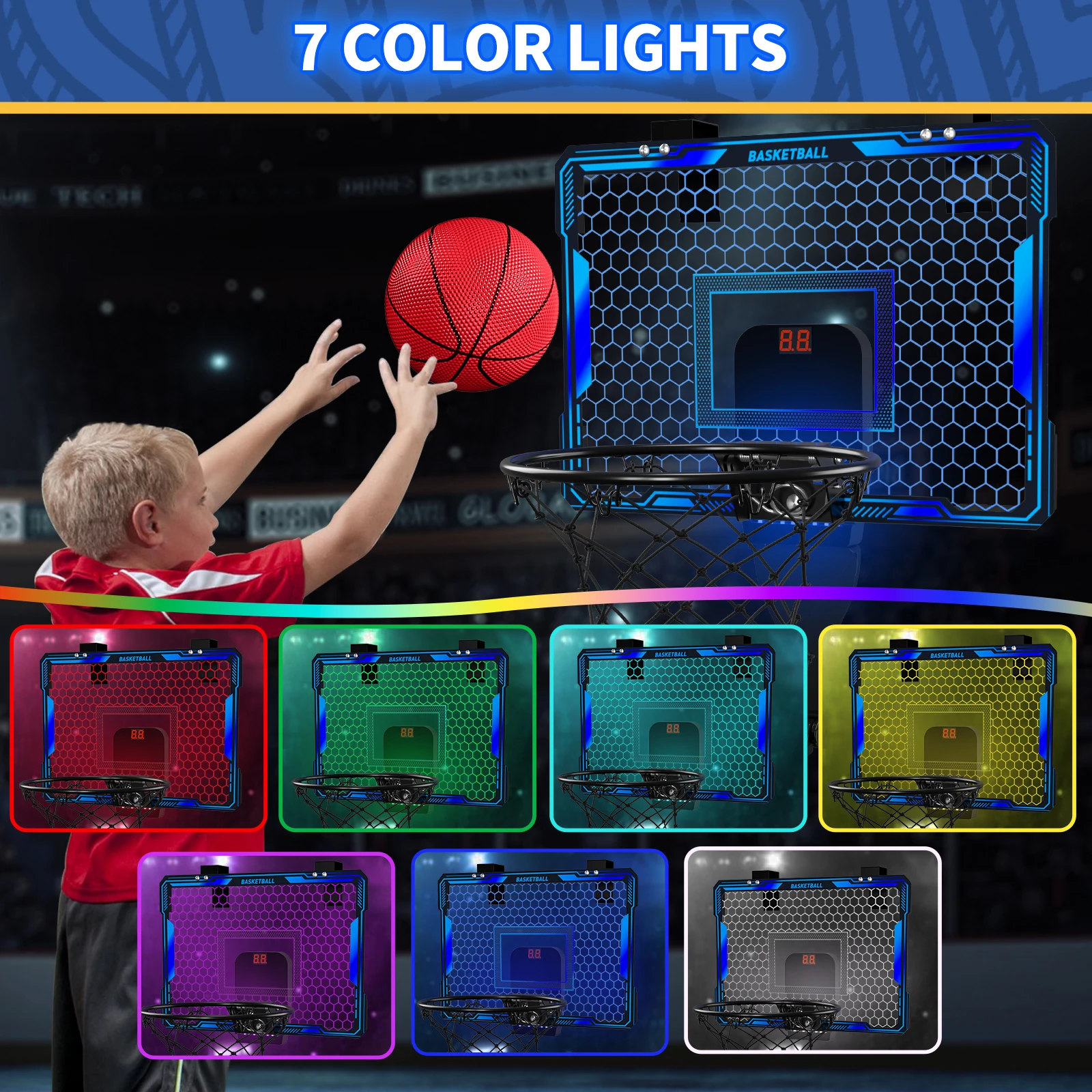 Afstandsbediening basketbalring binnen met 7 LED-verlichting, basketbalring boven de deur, basketbalspeelgoed cadeau voor kinderen, volwassenen