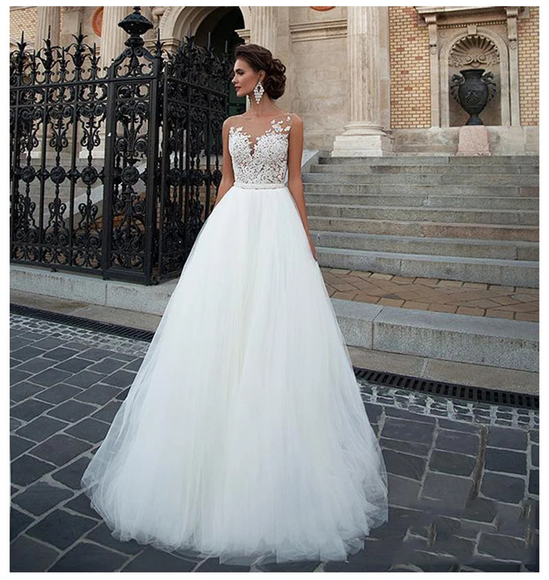 Haute Couture abito da sposa con pieghe o-collo bianco senza maniche Appliques in Tulle al pavimento Sweep Train a-line abito da festa di nozze