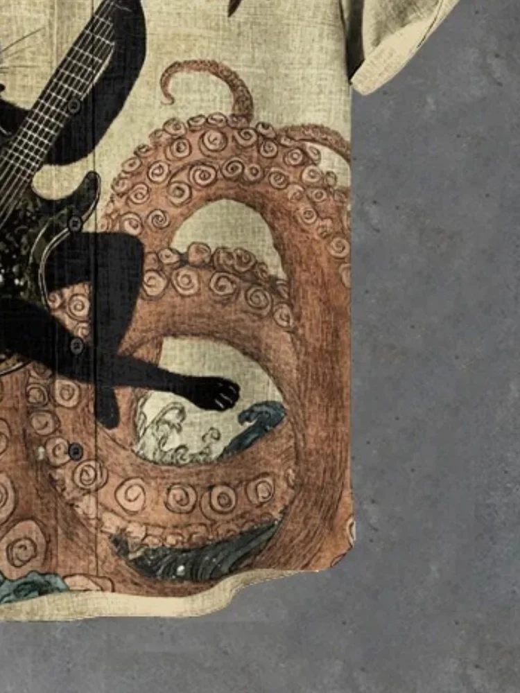 Men's Black Cat Playing Guitar In The Waves Art Print Casual Shirt Japanese Holiday Retro Style Man Bohemian Stand Collar Tops