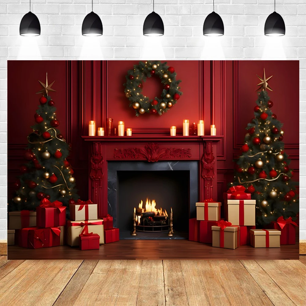 Christmas Fireplace Photography Backdrops Interior Xmas Tree Gifts Christmas Party Decoration Photo Background Photozone Props