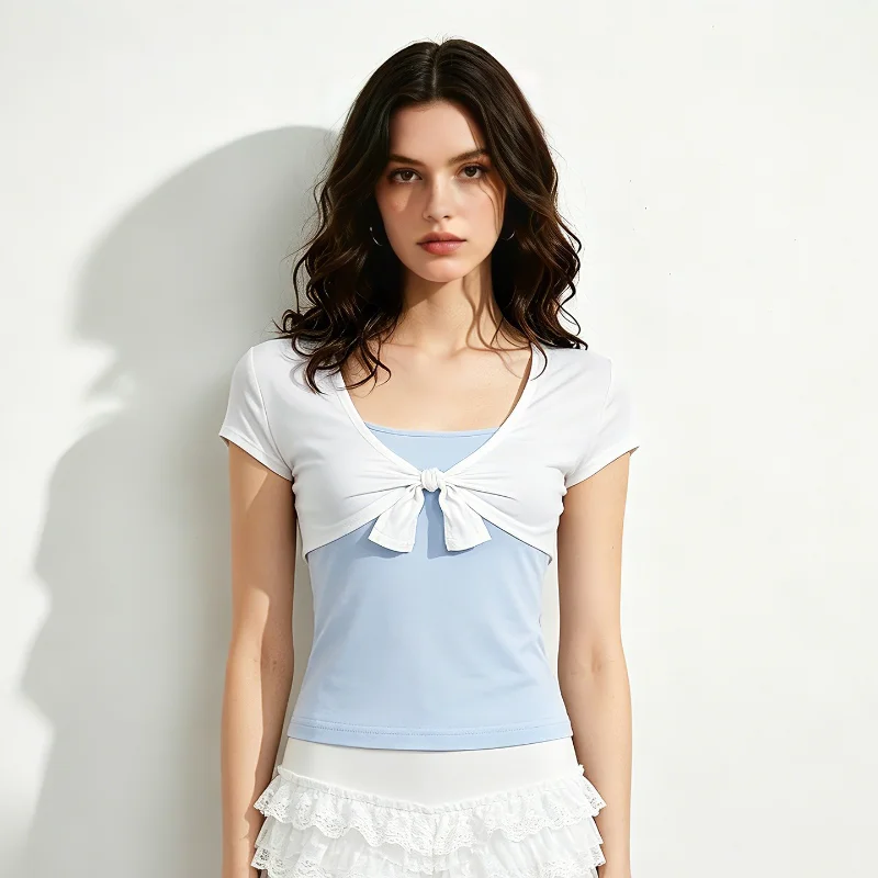 American Hot Girl Color Block Two-Piece Set T-Shirt Women's Short Sleeve Belted Slim Fit Versatile Strap Top And Bottom Ensemble