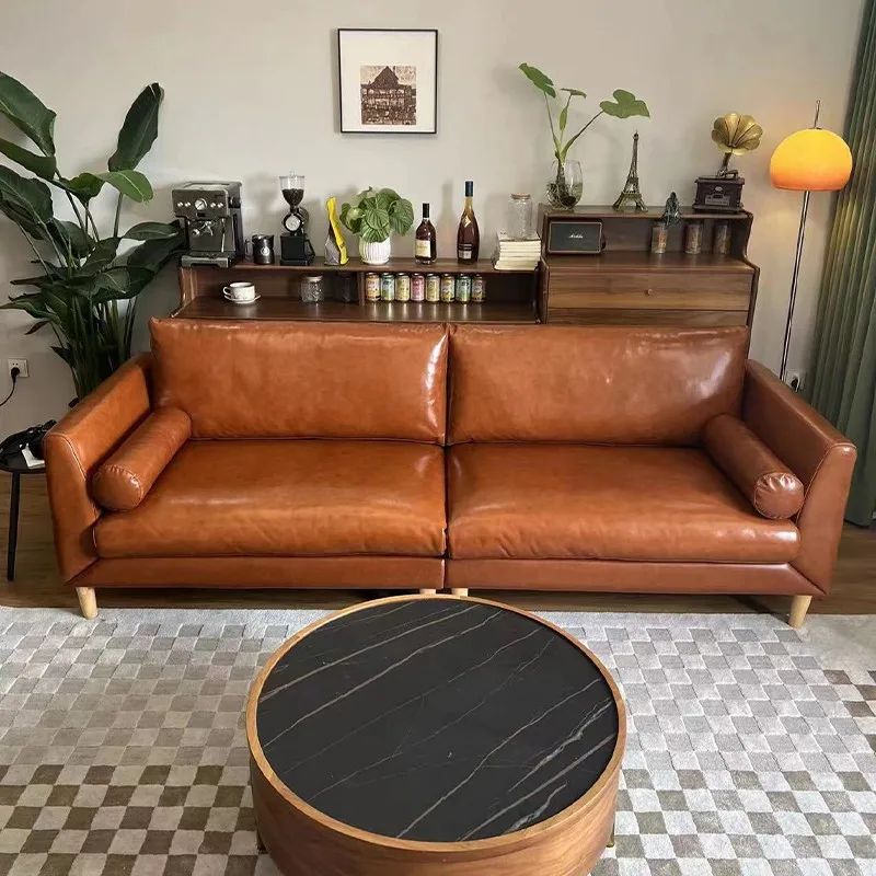 

Oil wax leather sofa first layer cowhide small apartment living room Nordic expression retro Italian minimalist leather sofa