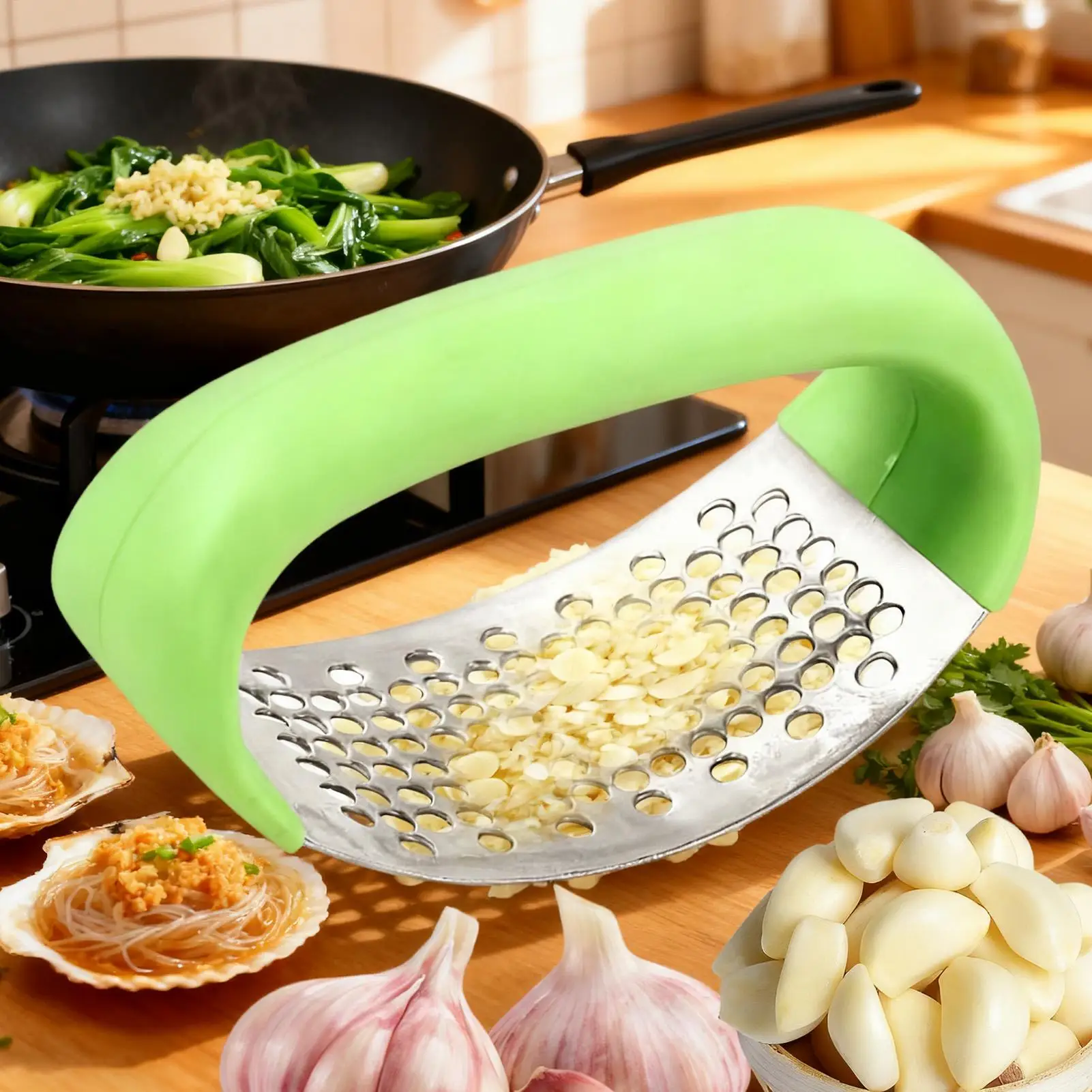 New Stainless Steel Garlic Press Heavy Duty Rust-Proof Ginger Crusher & Rocker For Kitchen, Restaurant, Home, Easy Squeeze