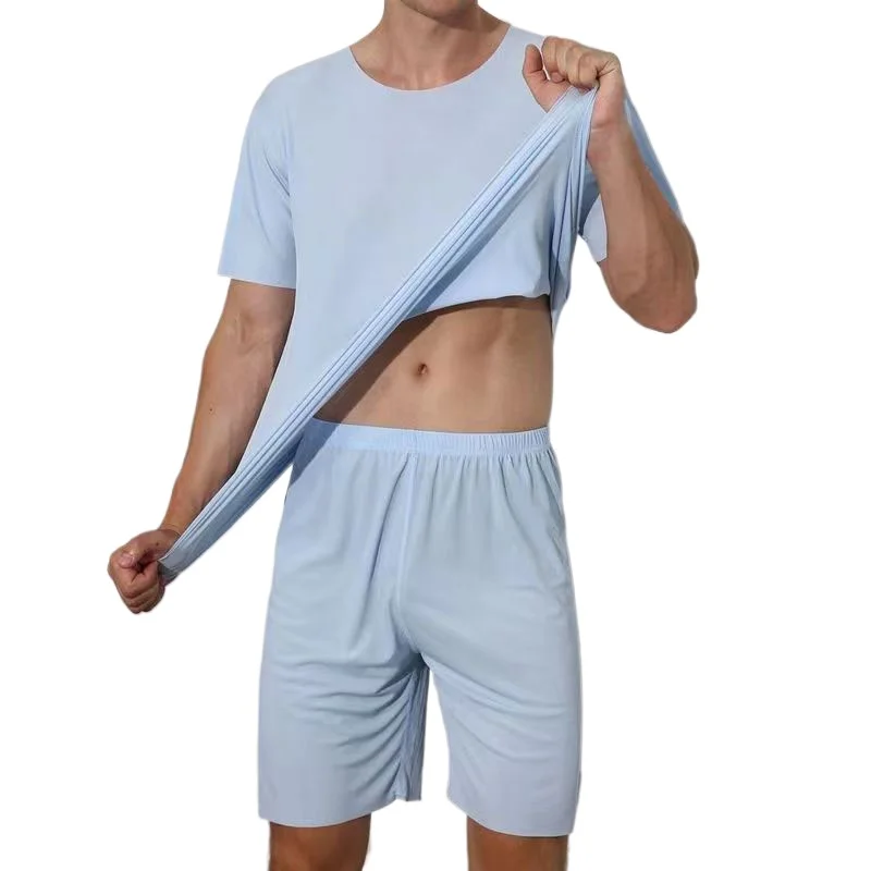 

2026 Men's Two-Piece Summer Thin Section Senior Ice Silk Feeling Round Neck Solid Color Short Sleeve Suit Sports Casual Homewear