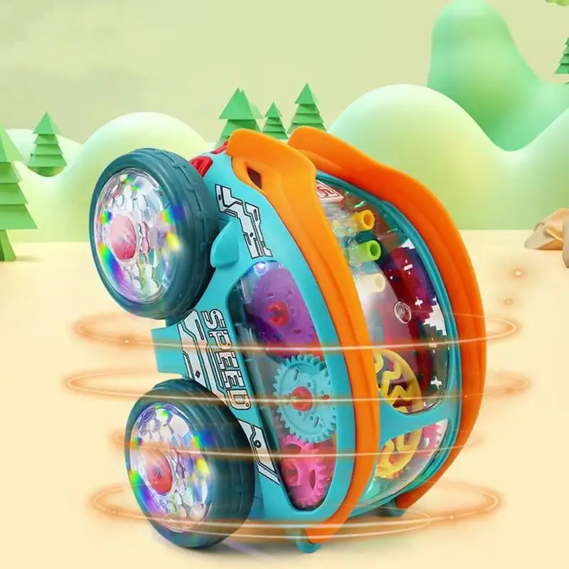 Light Up Transparent Gears Car Toy for Kids Bump and Go Toy Car Toddler Trucks 360 Degree Rotating Race Car Toys Christmas Gifts