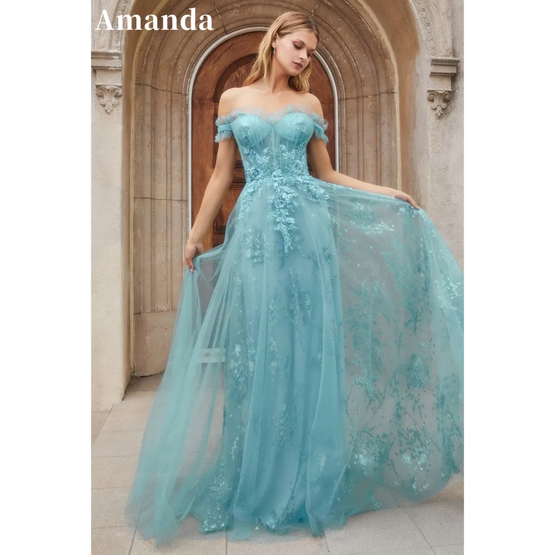 

Amanda Lace Embroidery Tulle Prom Dress Elegant Off Shoulder فساتين السهرة Plus Size vestido de festa noite