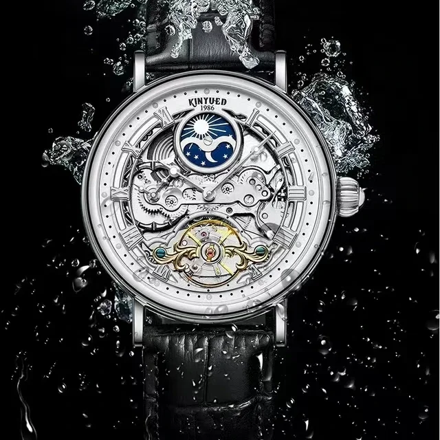 KINYUED J117 orologio meccanico automatico per uomo volano scava fuori orologi meccanici multifunzionali orologio da polso con cinturino in pelle
