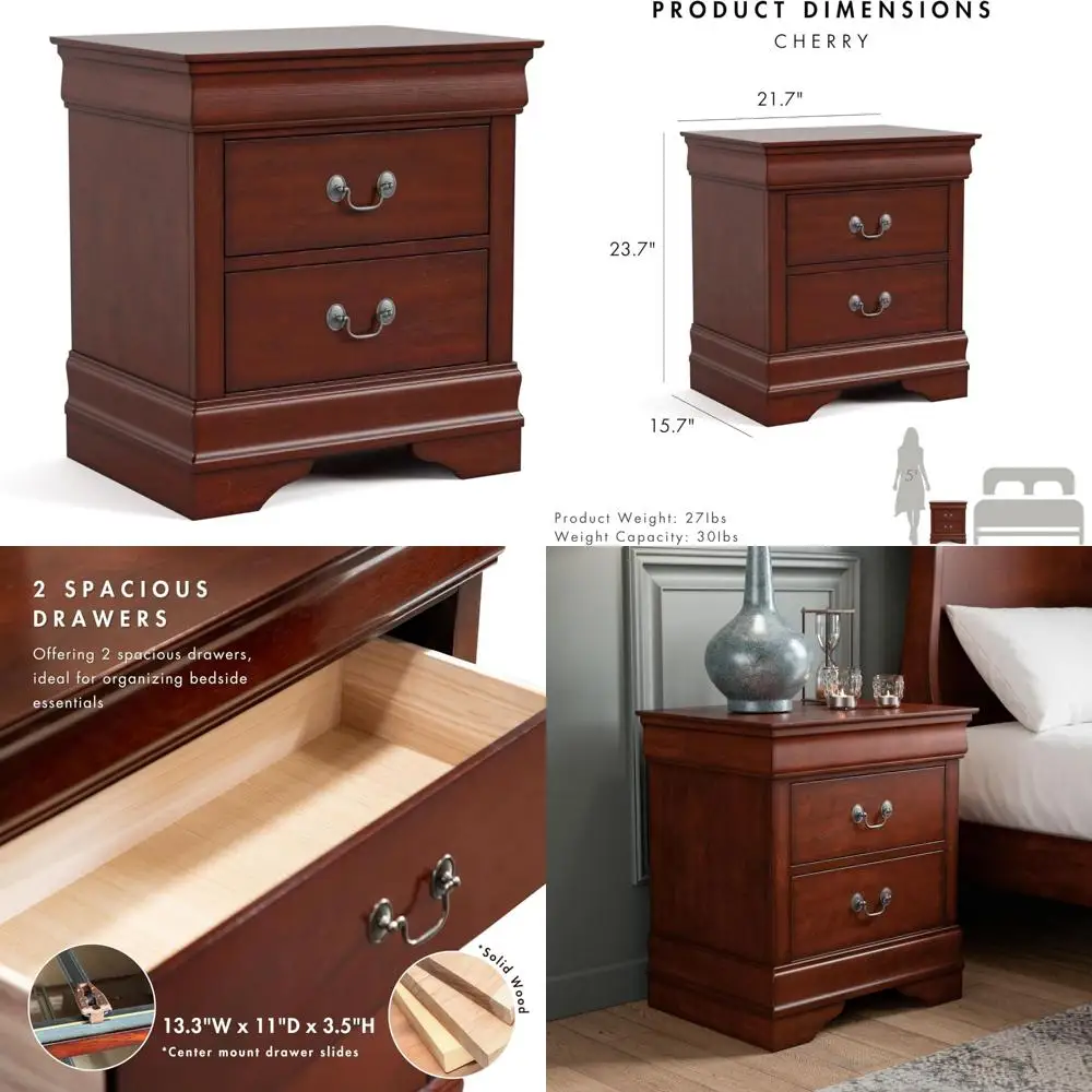 Traditional Solid Wood Nightstand by Furniture of America Arabella, Antique Nickel Handles, Small Bedside Table