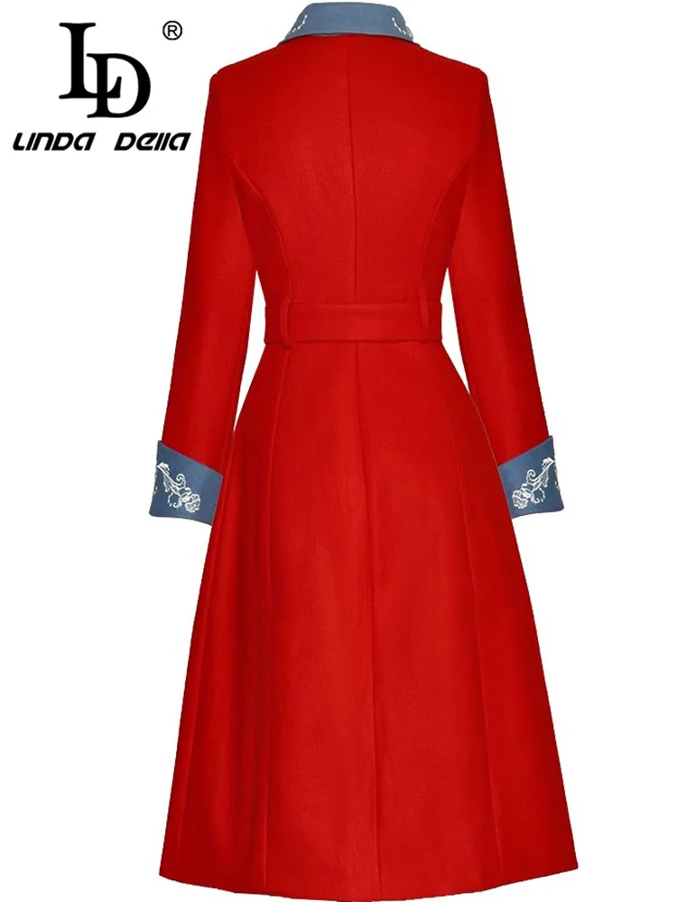 LD LINDA DELLA Fashion Runway Autumn Winter Women's Coat Turn-Down Collar Embroidery Single-breasted Lace-Up Vintage Overcoat