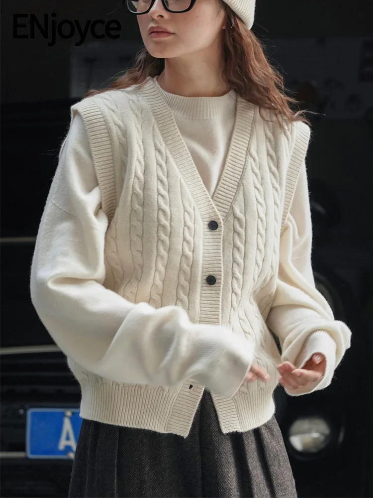 

Winter Women Vintage Single-breasted Sleeveless Wool Knitted Cardigan Casual Knitwear Vests Tops Ladies Korean Style Sweaters