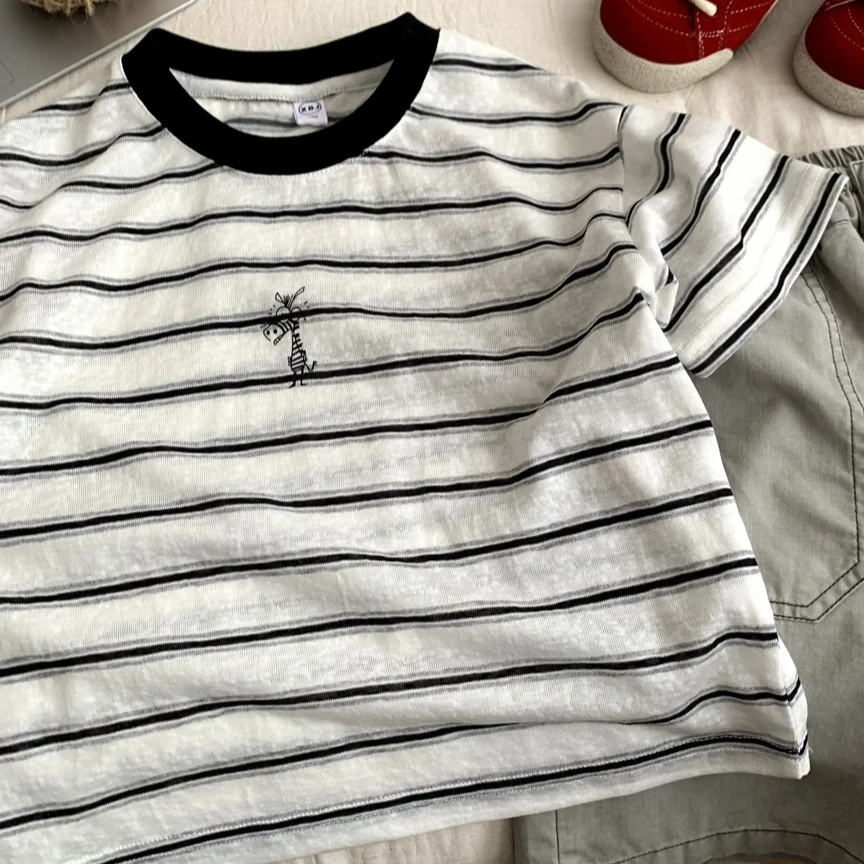 Boys T-shirt 2026 Spring and Summer New Children's Clothing Korean Boys Baby Style Loose Round Collar Striped T-shirt